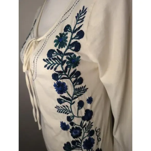 Johnny Was floral embroidery long sleeve med tie front tunic top - Picture 3 of 11